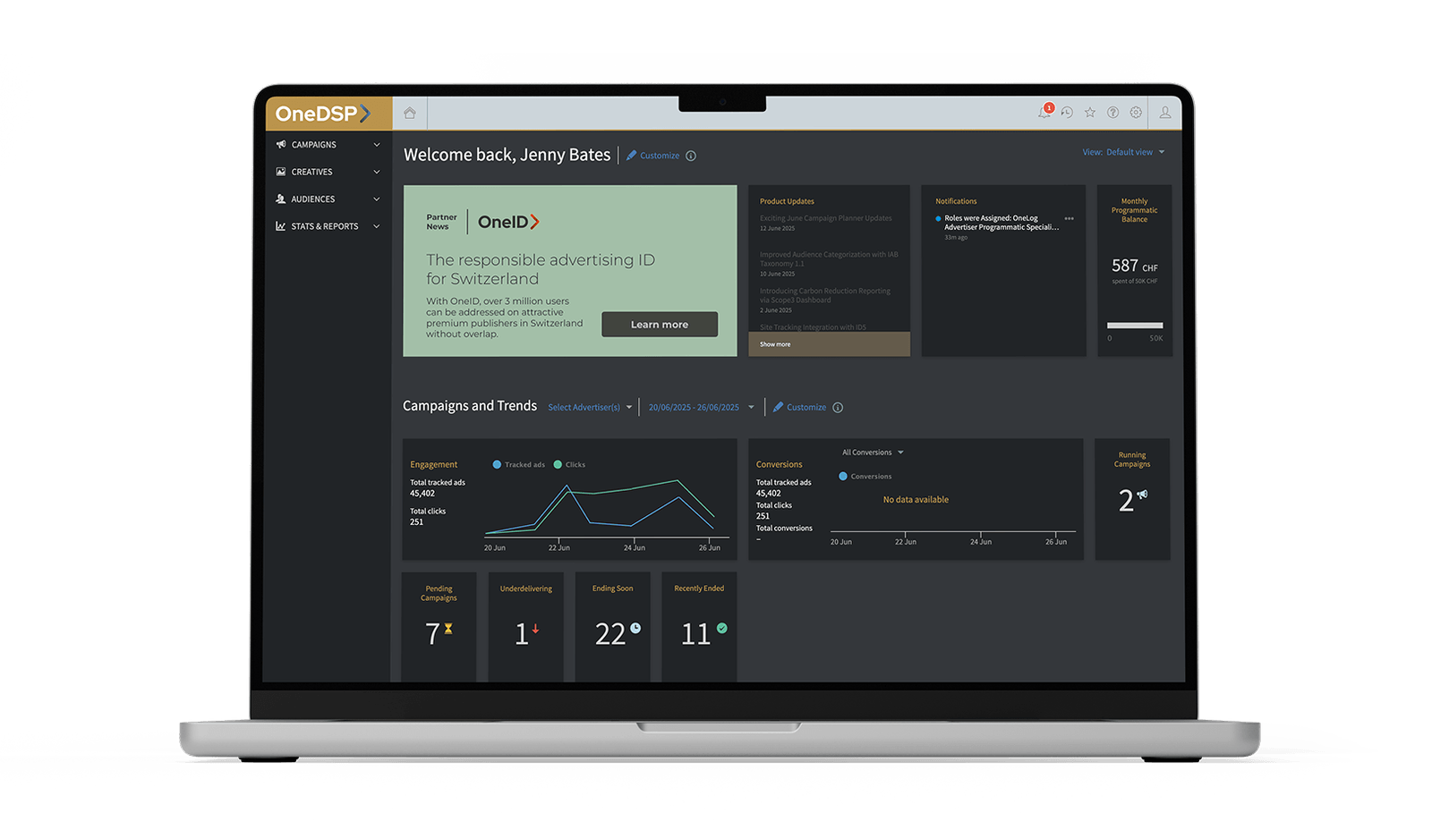 OneDSP Dashboard für programmatische Kampagnen Screenshot des OneDSP Dashboards mit Statistiken, Kampagnenergebnissen und Audience-Übersicht für cookieless Werbung in der Schweiz.